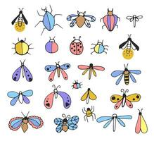 Set of colorful beetles and butterflies simple linear drawing, black outline. Hand drawn, vector, on white background isolated. vector