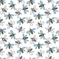 Seamless pattern of bees on a white background. Hand drawn, vector. vector