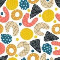 Abstract seamless shape with colorful geometric patterns. Flat cartoon background, simple random shapes in bright childish colors. Seamless pattern vector