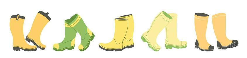 Different colors rain boots collection. Rubber boots autumn concept. Set of gumboots on a white background. Autumn footwear. Vector illustration