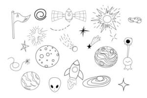 Set space elements ufo spaceship, rocket, satellite, stars and planets in doodle style isolated. Hand drawn collection . Vector illustration