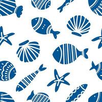 Seamless pattern of ornamental fish. Tiling fish pattern. Hand drawn marine illustrations of fish and sea elements. Summer sea beach style vector