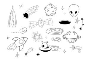 Set space elements ufo spaceship, rocket, satellite, stars and planets in doodle style isolated. Hand drawn collection . Vector illustration