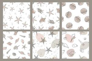 Seashells seamless pattern set. Hand drawn marine illustrations of seashells. Summer tropical ocean beach style. Stylish marine seamless pattern. Line art seashells set vector