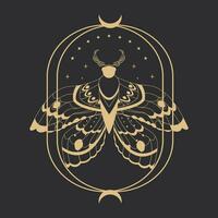 Magic mystic moth silhouette golden line art isolated, boho celestial esoteric symbol, tatoo or print on dark background. Vector illustration