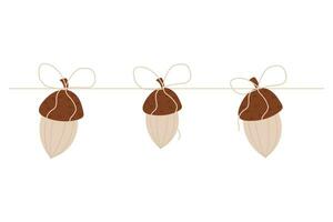 Acorns on a rope fall garland in cartoon style isolated on a white background. Forest decoration, seasonal nature element. Vector illustration