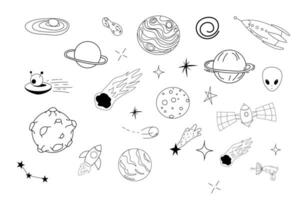 Set space elements ufo spaceship, rocket, satellite, stars and planets in doodle style isolated. Hand drawn collection . Vector illustration