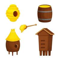 Apiary set, collection wooden beehive, honey dipper and barrel in cartoon style isolated on white background. Beekeeping elements, decoration, elements. Vector illustration