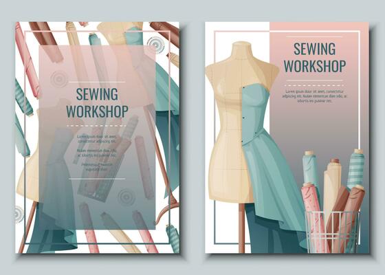 Flyer set with sewing mannequin and fabric rolls.Light industry. Needlework, hobby, sewing. Poster banner for sewing shop, workshop, atelier