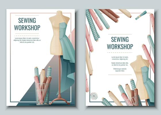 Flyer set with sewing mannequin and fabric rolls.Light industry. Needlework, hobby, sewing. Poster banner for sewing shop, workshop, atelier