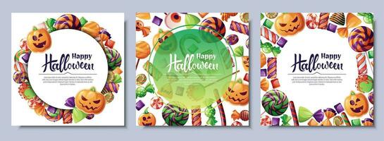 Set of vector backgrounds for Halloween invitation or greeting card. Poster, banner with with pumpkin biscuits, spooky candies, sweets, cookies, lollipops. Great for flyer, backdrop