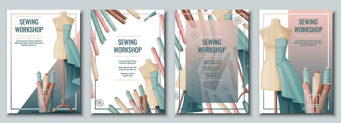 Flyer set with sewing mannequin and fabric rolls.Light industry. Needlework, hobby, sewing. Poster banner for sewing shop, workshop, atelier