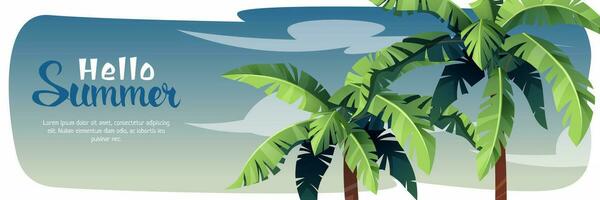 Horizontal summer banner with palm trees. Summer vacation at sea, beach vibe, holidays.Tropical background for poster, flyer, advertising. vector