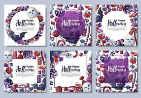 Set of vector backgrounds for Halloween invitation or greeting card. Poster, banner with ghost and bat cookies, candies, sweets, cookies, lollipops. Great for flyer, backdrop