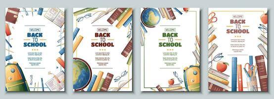 Set of school banners, flyers with backpack, globe, books. Back to school, teacher's day, love of knowledge. Background, poster with school supplies. vector
