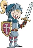 Boy prince knight with shield, sword and armor, children's drawing vector