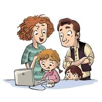 contento familia utilizando un computadora vector