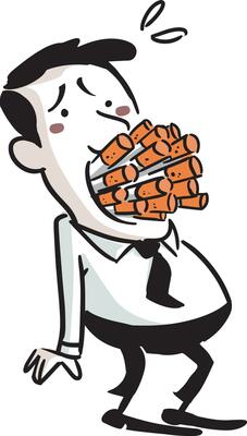 Tobacco addict. Man with many cigars in his mouth