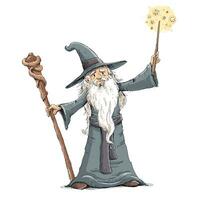 Old sorcerer doing magic with wand vector