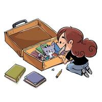 kid with suitcase full of books vector