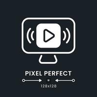 Live streaming white solid desktop icon. Internet video. Media player software. Pixel perfect 128x128, outline 4px. Silhouette symbol for dark mode. Glyph pictogram. Vector isolated image