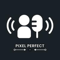 Broadcaster white solid desktop icon. Radio speaker. Live streaming. Online podcast. Pixel perfect, outline 4px. Silhouette symbol for dark mode. Glyph pictogram. Vector isolated image