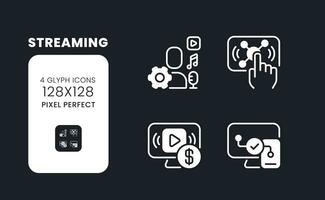 Streaming white solid desktop icons set. Live interactive content. Digital marketing. Smart TV. Pixel perfect 128x128, outline 4px. Symbols for dark theme. Glyph pictograms. Vector isolated images