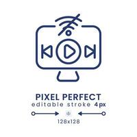 Offline playback linear desktop icon. Streaming platform. Downloading video content. Pixel perfect 128x128, outline 4px. GUI, UX design. Isolated user interface element for website. Editable stroke vector