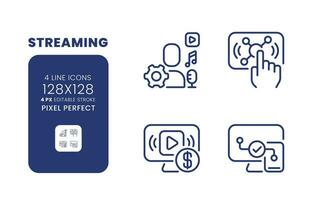 Streaming linear desktop icons set. Live interactive content. Digital marketing. Smart TV. Pixel perfect 128x128, outline 4px. Isolated user interface elements pack for website. Editable stroke vector