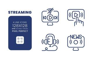 Streaming linear desktop icons set. Multimedia content. Online entertainment. News broadcast. Pixel perfect 128x128, outline 4px. Isolated user interface elements pack for website. Editable stroke vector
