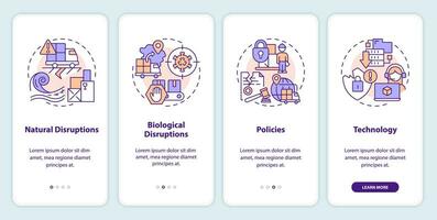 Supply chain disruptions onboarding mobile app screen. Logistics walkthrough 4 steps editable graphic instructions with linear concepts. UI, UX, GUI template vector