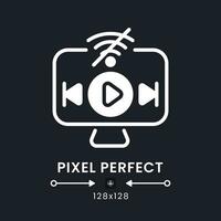 Offline playback white solid desktop icon. Streaming platform. Downloading video content. Pixel perfect 128x128, outline 4px. Silhouette symbol for dark mode. Glyph pictogram. Vector isolated image