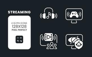 Streaming white solid desktop icons set. Family-friendly programming. Online entertainment. Pixel perfect 128x128, outline 4px. Symbols for dark theme. Glyph pictograms. Vector isolated images