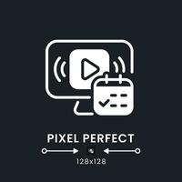 Watch Event white solid desktop icon. Pre-recorded broadcast. Streaming service feature. Pixel perfect 128x128, outline 4px. Silhouette symbol for dark mode. Glyph pictogram. Vector isolated image