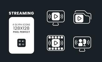 Streaming white solid desktop icons set. Media content. Live tv. Online broadcasting platform. Pixel perfect 128x128, outline 4px. Symbols for dark theme. Glyph pictograms. Vector isolated images