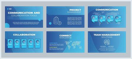 Communication and collaboration tools presentation templates set. Remote working. Team management. Ready made PPT slides on blue background. Graphic design vector