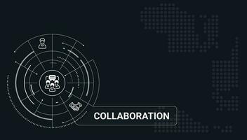 Collaboration concept banner template. Work together. Team productivity software. Teamwork project. Infographics on black background with icons, text. Editable vector illustration