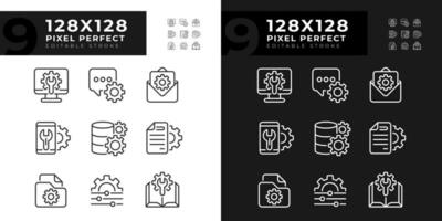 Technical configuration pixel perfect linear icons set for dark, light mode. Computer and smartphone settings. Thin line symbols for night, day theme. Isolated illustrations. Editable stroke vector