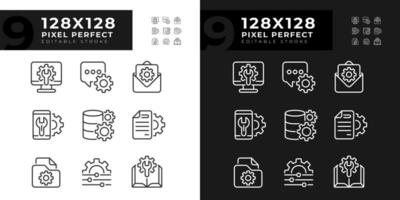 Technical configuration pixel perfect linear icons set for dark, light mode. Computer and smartphone settings. Thin line symbols for night, day theme. Isolated illustrations. Editable stroke vector