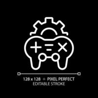 Game settings pixel perfect white linear icon for dark theme. Videogame adjustment menu. Controller. Gameplay optimization. Thin line illustration. Isolated symbol for night mode. Editable stroke vector