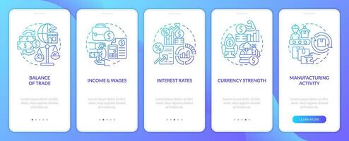 Economic indicators examples blue gradient onboarding mobile app screen. Walkthrough 5 steps graphic instructions with linear concepts. UI, UX, GUI template vector