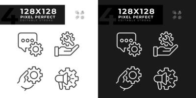 Social media settings pixel perfect linear icons set for dark, light mode. Messenger customization. Technical support. Thin line symbols for night, day theme. Isolated illustrations. Editable stroke vector