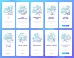 Economic indicators examples blue gradient onboarding mobile app screens set. Walkthrough 5 steps graphic instructions with linear concepts. UI, UX, GUI template vector