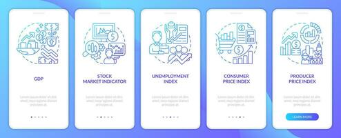 Economic indicators blue gradient onboarding mobile app screen. Analytics walkthrough 3 steps graphic instructions with linear concepts. UI, UX, GUI template vector