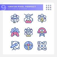 Opportunities of STEM education pixel perfect RGB color icons set. Innovative scientific methods. Computing. Isolated vector illustrations. Simple filled line drawings collection. Editable stroke