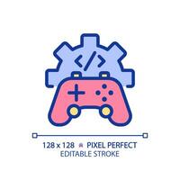 Game development pixel perfect RGB color icon. STEM integration in industry. Students teaching improvement. Isolated vector illustration. Simple filled line drawing. Editable stroke