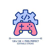 Game development pixel perfect RGB color icon. STEM integration in industry. Students teaching improvement. Isolated vector illustration. Simple filled line drawing. Editable stroke