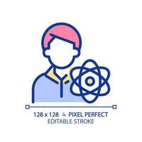 STEM teacher pixel perfect RGB color icon. Education specialist job. Tutor for students using modern technology. Isolated vector illustration. Simple filled line drawing. Editable stroke