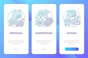 Attributes of economic indicators blue gradient onboarding mobile app screen. Walkthrough 3 steps graphic instructions with linear concepts. UI, UX, GUI template vector