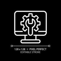 Computer settings pixel perfect white linear icon for dark theme. Personal computer adjustments. Device repair service. Thin line illustration. Isolated symbol for night mode. Editable stroke vector